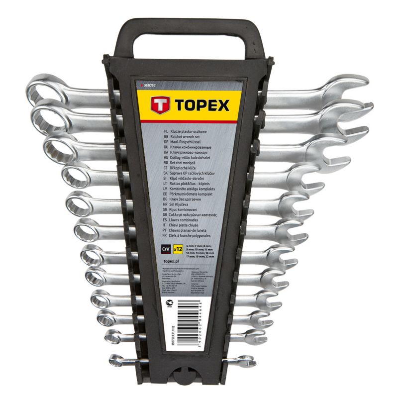 Klucze płasko-oczkowe TOPEX 6-22 mm, polerowana główka zestaw 12 szt. 1 kpl