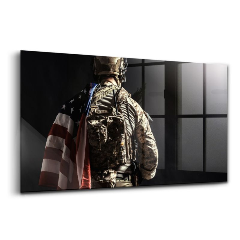 Foto Obraz Ścienny Szklany Wallfluent 100x50 cm Żołnierz z flagą 1 szt.