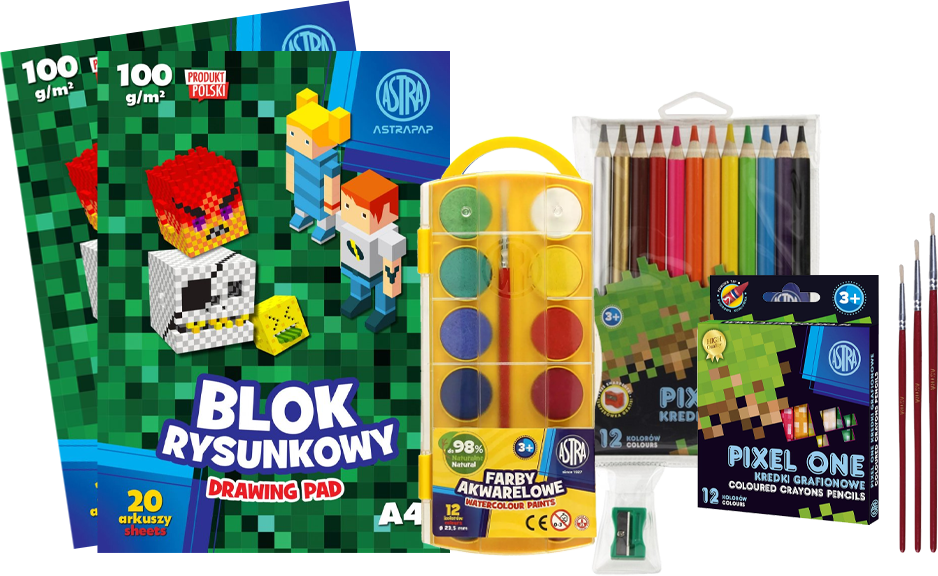 Zestaw plastyczny: 2x Blok rysunkowy, Farby, Kredki grafionowe, Kredki ołówkowe, Kredki ołówkowe Jumbo, 3x Pędzel szkolny