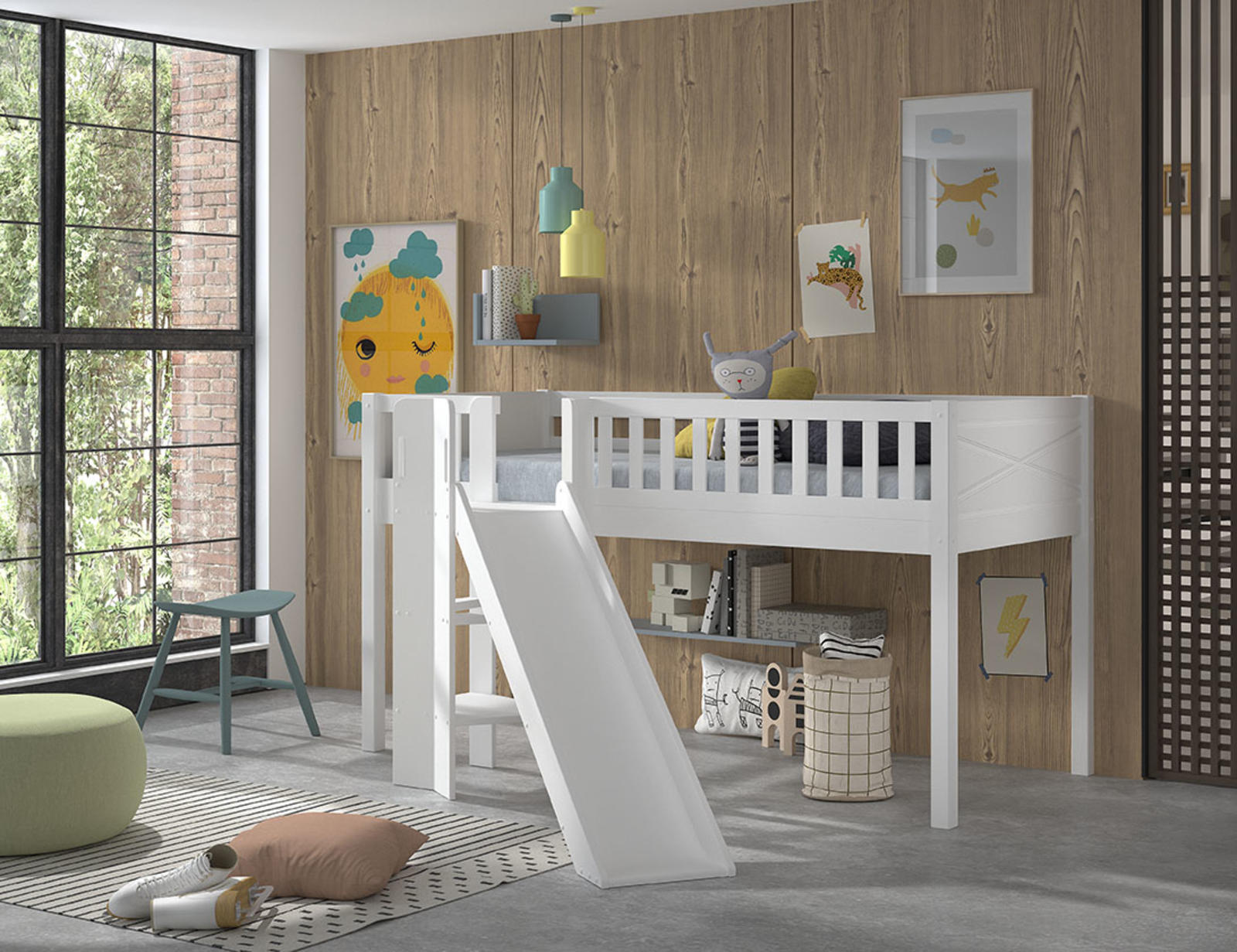 Łóżko dziecięce ze zjeżdżalnią Scotti white basic