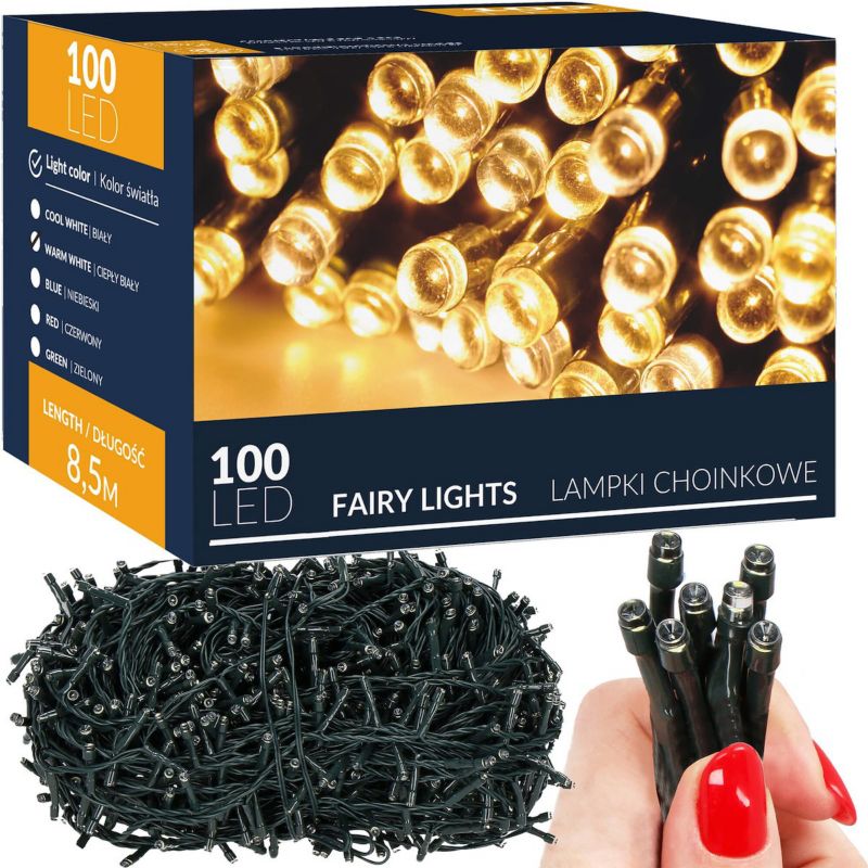 Lampki świąteczne 100 led, Springos, biały ciepły 8,5 m, oświetlenie choinkowe 1 szt.