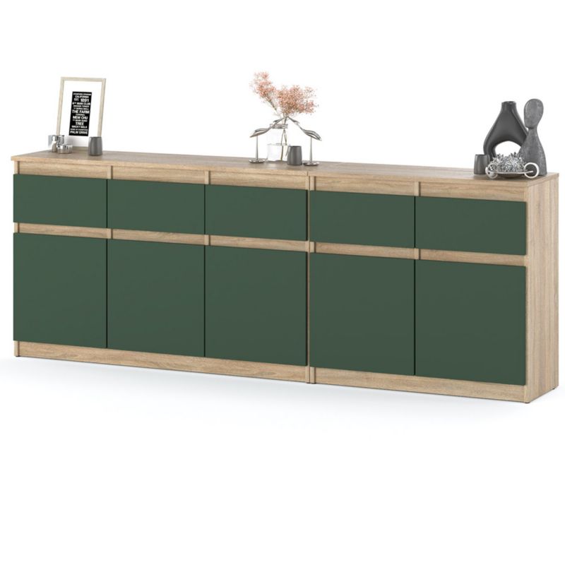 Komoda Hurtownia-Mebli Szuflady 5 Best Oleksa 200cm Dąb Sonoma Butelkowa Zieleń 200x35x75 cm 1szt.