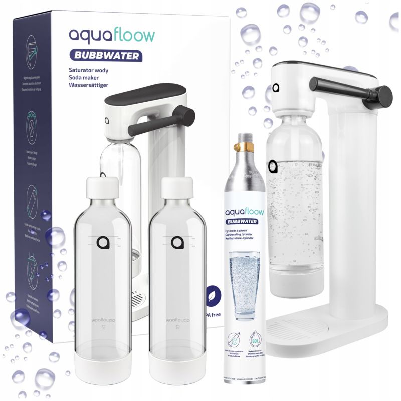 Saturator, AquaFloow, do gazowania wody, napojów gazowanych, zestaw z nabojem CO2, 2 x butelka na wodę 1L, biały, 4szt