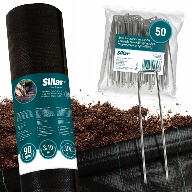 Agrotkanina, Sillar, antychwastowa, 90g/m2 3x 10m + Kotwy gruntowe, stalowe, 15cm, 50szt, zestaw 2szt