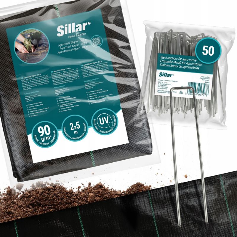 Agrotkanina, Sillar, antychwastowa, 90g/m2, 2x 5m + Kotwy gruntowe, stalowe, 15cm, 50szt, zestaw 2szt