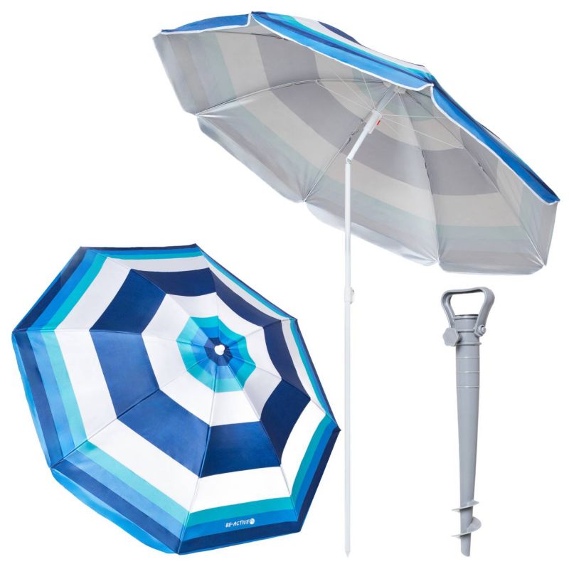 Parasol plażowy Be-active.pl składany ogrodowy na balkon 180cm paski biało-niebieskie + kotwa 1 zestaw