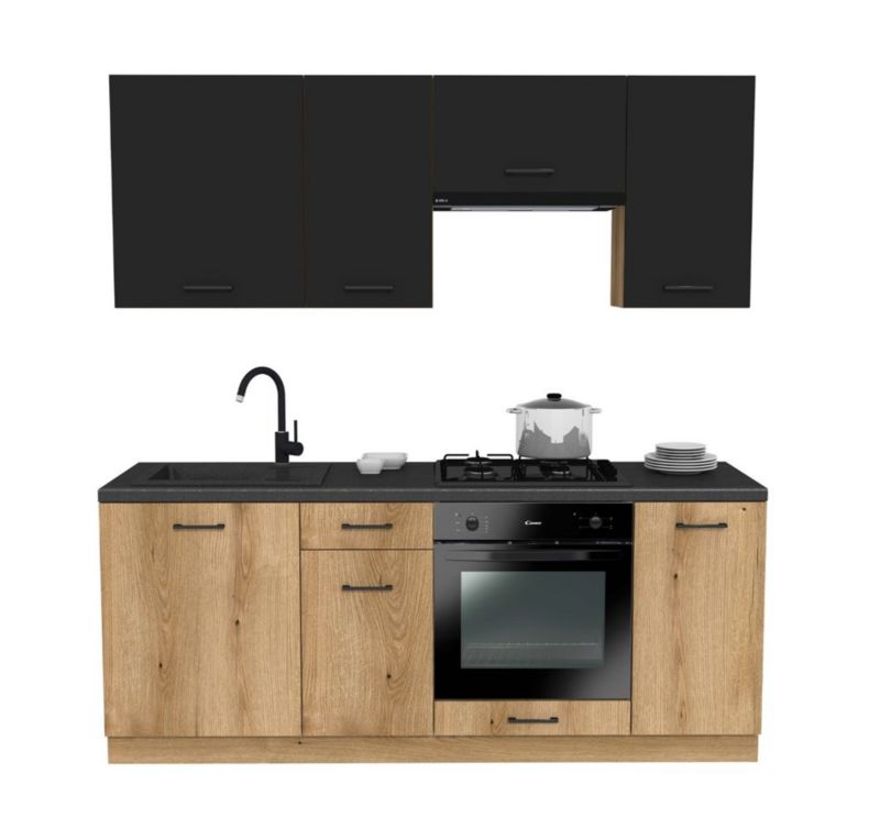 Meble kuchenne zestaw Topeshop Vario 200 cm, Z4 czarny/dąb Evoke blat Dark bez AGD 200x48,5 cm 1 szt