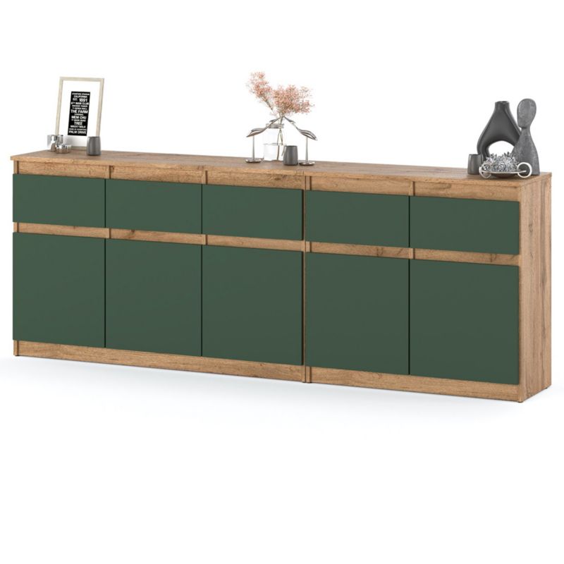 Komoda Hurtownia-Mebli Szuflady 5 Best Oleksa 200cm Dąb Wotan Butelkowa Zieleń 200x35x75 cm 1szt.