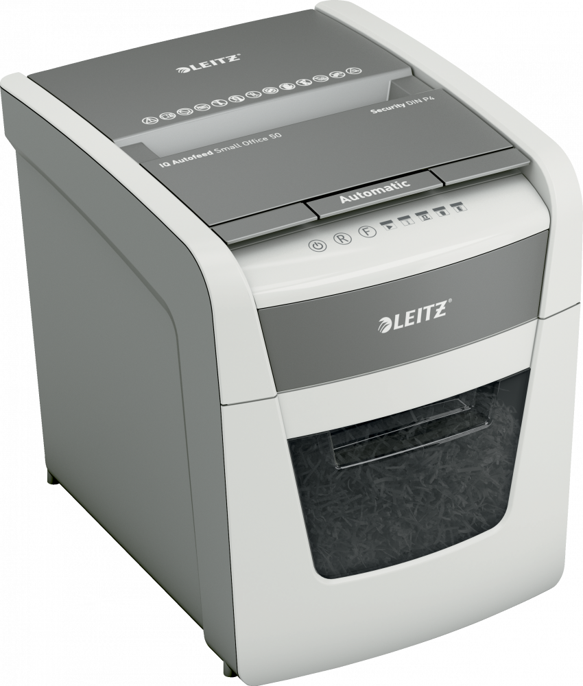 Outlet: PO SERWISIE Niszczarka automatyczna Leitz IQ Small Office 50X, konfetti 4x28mm, 50 kartek, P-4 DIN, biało-szary