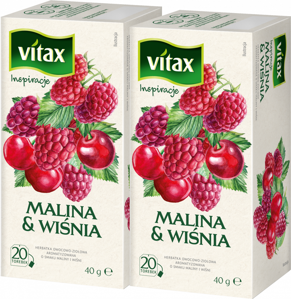 2x Herbata owocowa w torebkach Vitax Inspirations, malina i wiśnia, 20 sztuk x 2g