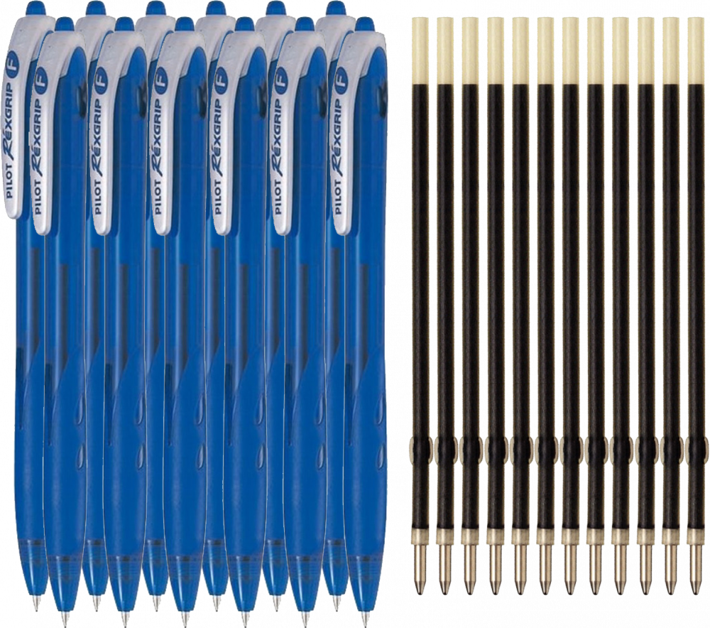 Zestaw: 12x Długopis automatyczny Pilot, Rexgrip F, 0.21mm, niebieski + 12x Wkład RFNS-GG do długopisu Pilot, niebieski
