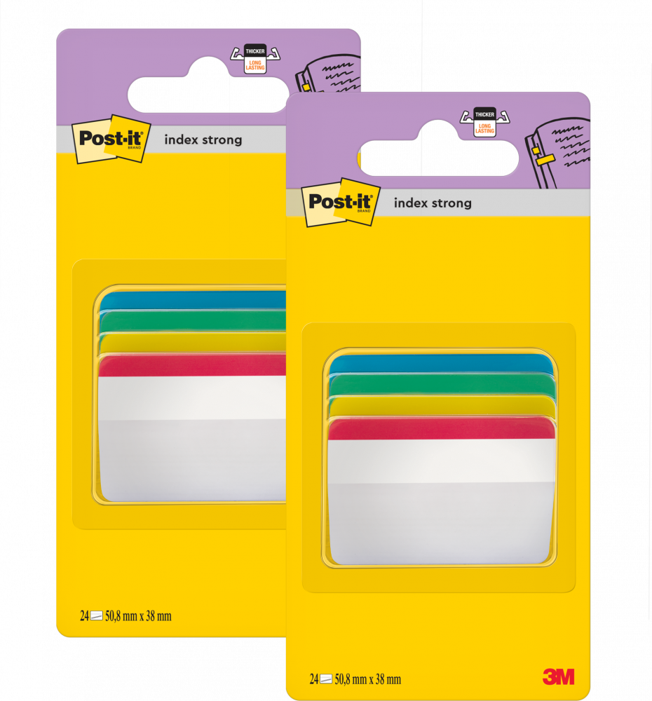 2x Zakładki samoprzylepne Post-it wygięte, indeksujące, silne, folia, transparentne, 50.8x38mm, 4x6 sztuk, mix kolorów