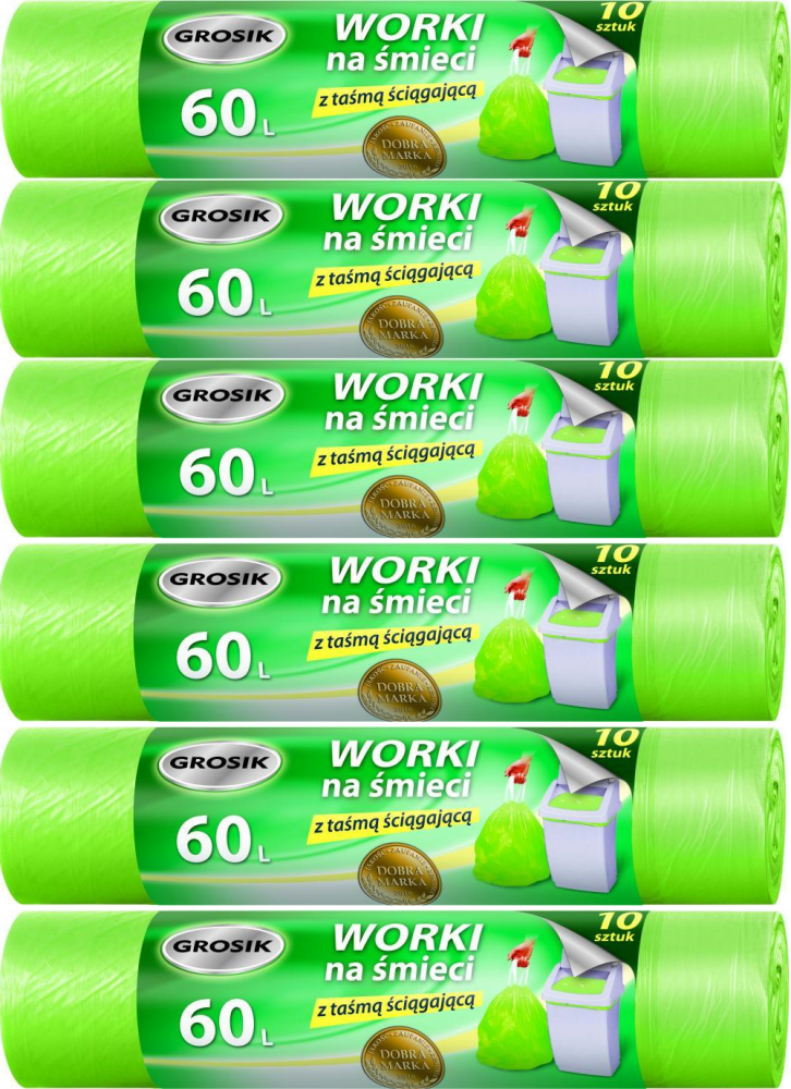 6x Worki na śmieci Grosik, na odpady zmieszane, 60l, 10 sztuk, mix kolorów