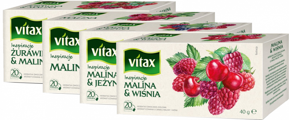 Zestaw herbat owocowych Vitax Inspirations: malina i wiśnia, 20 sztuk + malina, 20 sztuk + żurawina i malina, 20 sztuk + malina i jeżyna, 20 sztuk