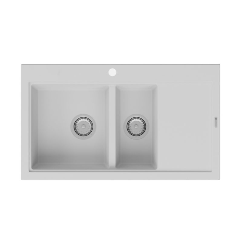 Zlewozmywak granitow GranMaster Lazuli 860x500x192 mm, 1,5 komorowy z ociekaczem oraz syfonem, biały 1 szt.