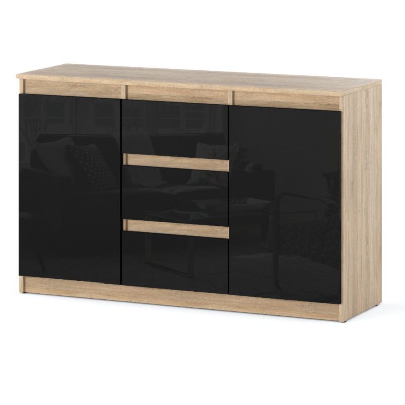 Komoda Hurtownia-Mebli Szuflady 3 Agnes 2D3SZ 120cm Dąb Sonoma Czarny Połysk 120x35x75 cm 1szt.