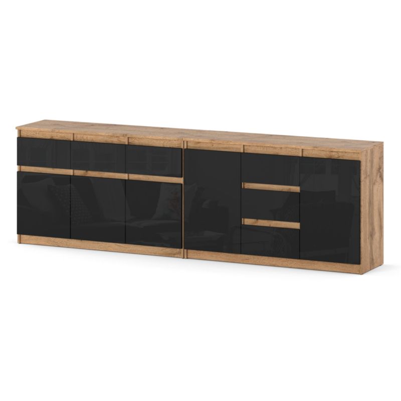 Komoda Hurtownia-Mebli Szuflady 6 Agnolia Best 240cm Dąb Wotan Czarny Połysk 240x35x75 cm 1szt.