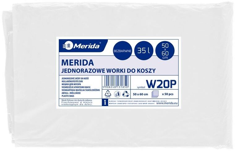 Worki na śmieci Merida, na odpady zmieszane, 35l, 50 sztuk, bezbarwny