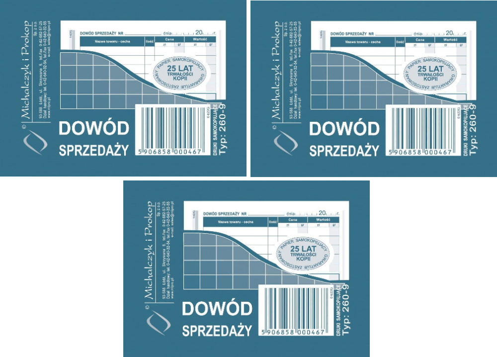 3x Druk akcydensowy dowód sprzedaży (paragon) MiP 260-9, A7, wielokopia, 80k