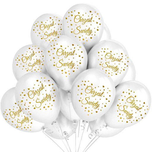 Balony na Chrzest Święty z nadrukiem serduszka 10 szt. napis biało złote