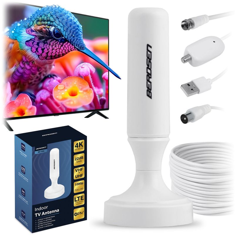 Antena TV wewnętrzna Berdsen 360 stopni BD-956 biała DVB-T2 Ultra HD 4K filtr LTE 1 szt.