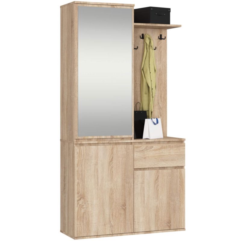 Zestaw do przedpokoju z lustrem AKORD ENTRO Dąb Sonoma 95 cm 1 szuflada 3 drzwi 7 półek 95x35x183 cm 1 zestaw