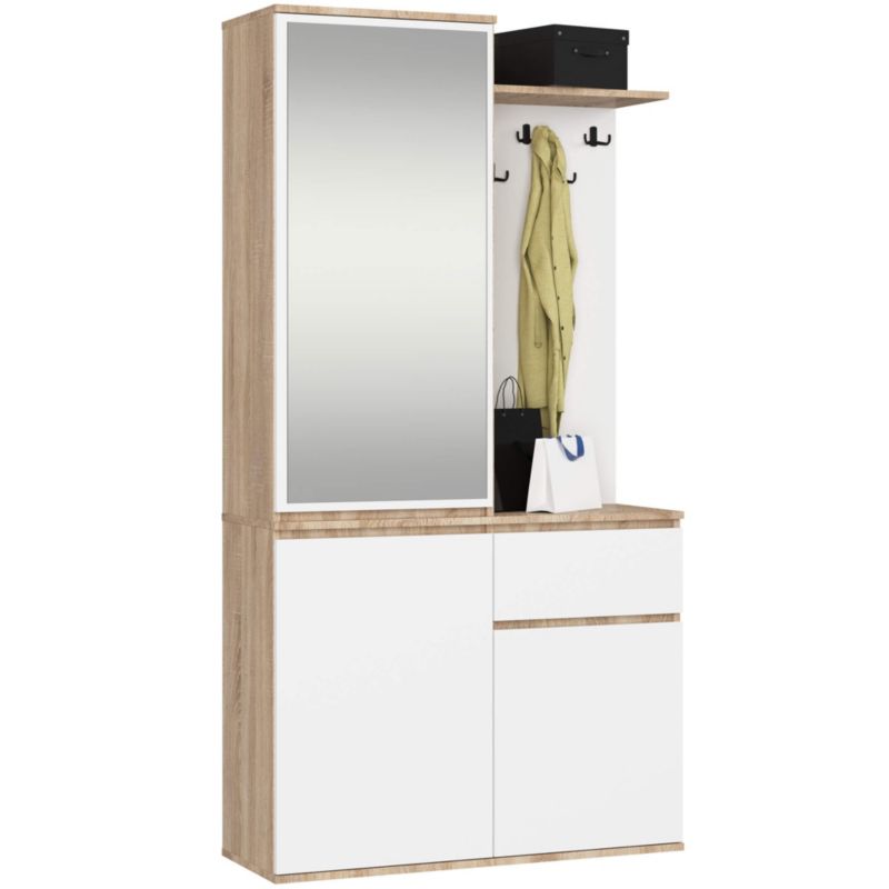 Zestaw do przedpokoju z lustrem AKORD ENTRO Dąb Sonoma, Biały 95 cm 1 szuflada 3 drzwi 7 półek 95x35x183 cm 1 zestaw