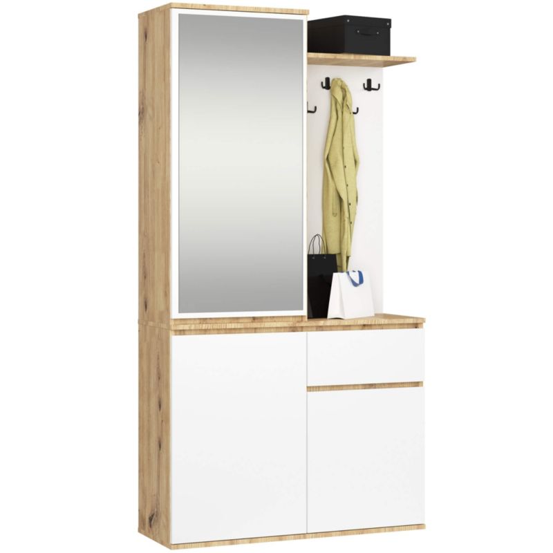 Zestaw do przedpokoju z lustrem AKORD ENTRO Dąb Artisan, Biały 95 cm 1 szuflada 3 drzwi 7 półek 95x35x183 cm 1 zestaw