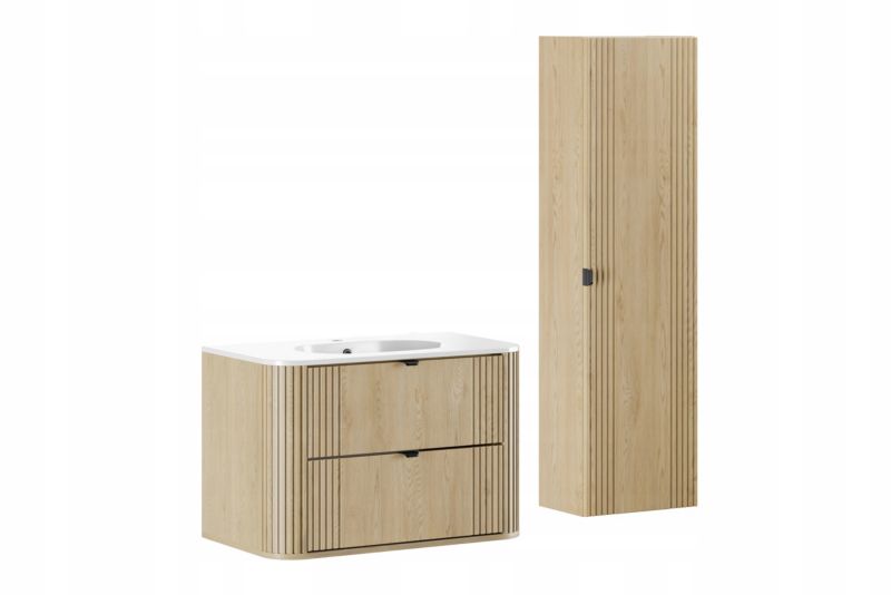 Szafka łazienkowa Furnidea 80 cm z umywalką i słupkiem OVALIA dąb Cremona zestaw