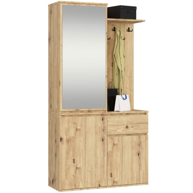 Zestaw do przedpokoju z lustrem AKORD ENTRO Dąb Artisan 95 cm 1 szuflada 3 drzwi 7 półek 95x35x183 cm 1 zestaw