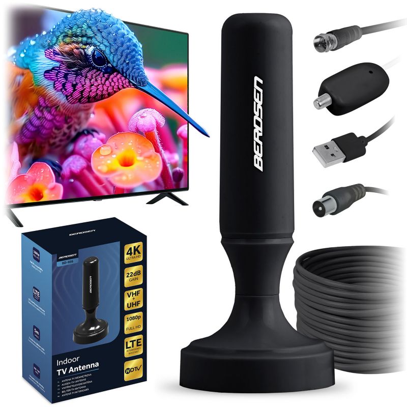 Antena TV wewnętrzna Berdsen 360 stopni BD-956 czarna DVB-T2 Ultra HD 4K filtr LTE 1 szt.