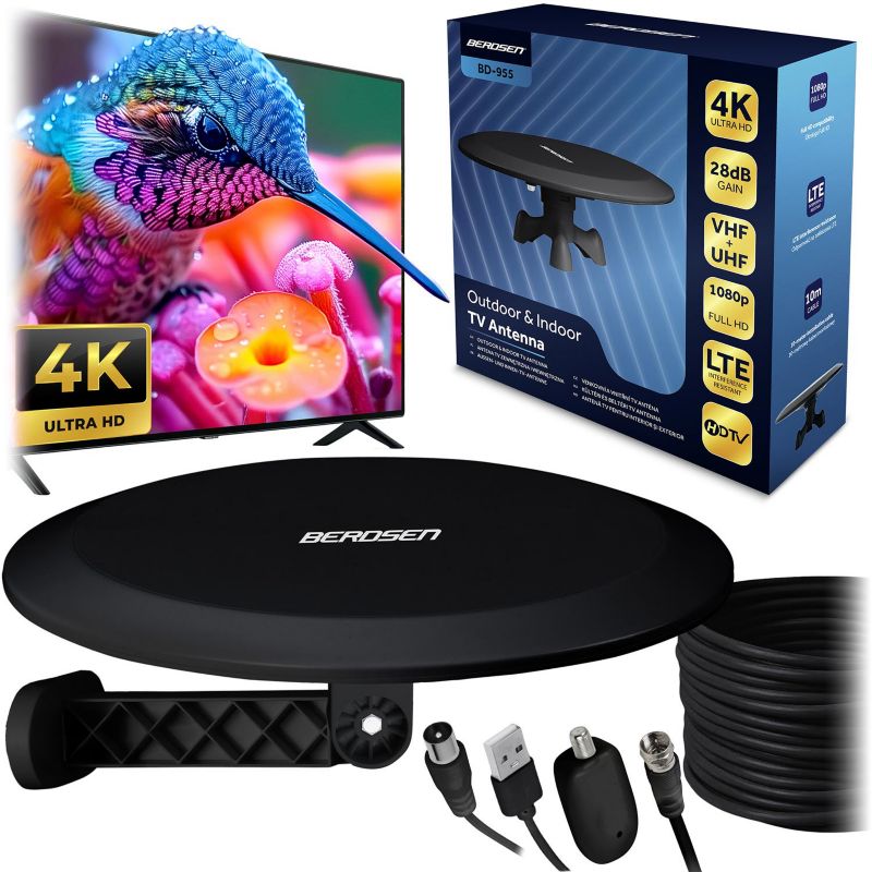 Antena TV wewnętrzno-zewnętrzna Berdsen BD-955 czarna DVB-T2 Ultra HD 4K filtr LTE 1 szt.