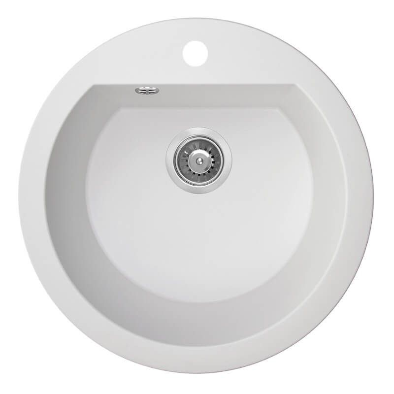 Zlewozmywak Granitowy, Laveo, Biały, Okrągły Dafne, C-51cm z syfonem, 1 szt.
