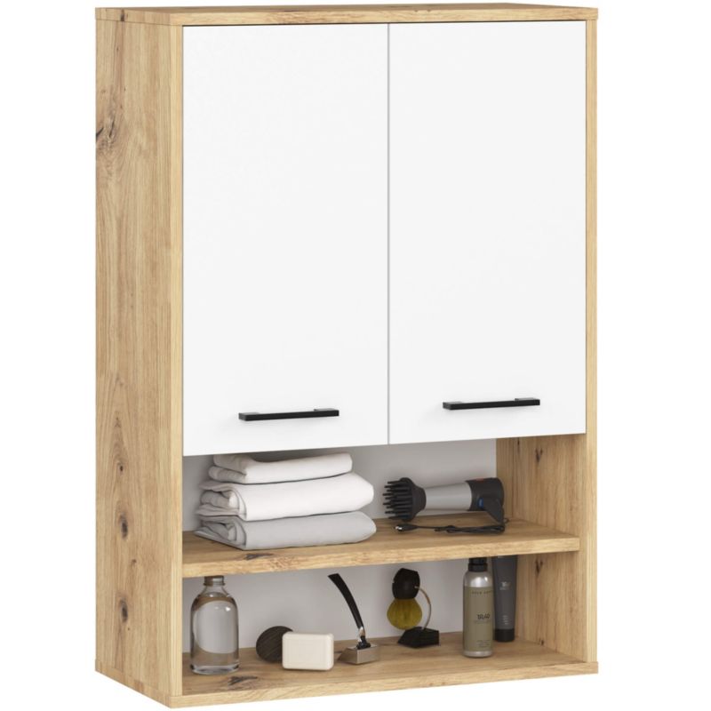 Szafka łazienkowa wisząca AKORD FIN Dąb Artisan, Biała 64 cm 2 drzwi 4 półki 64x30x94 cm 1 szt.