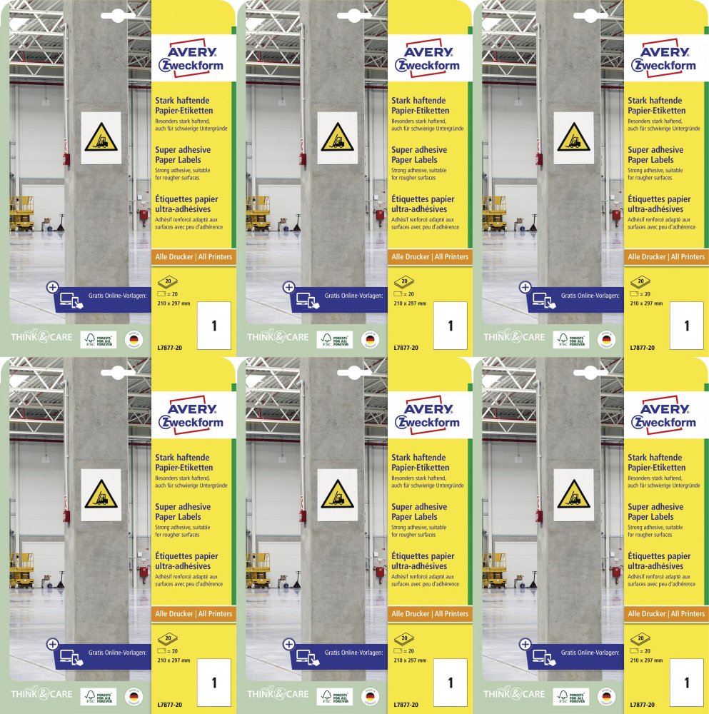 6x Etykiety papierowe do trudnych powierzchni Avery Zweckform, 210x297mm, 20 arkuszy, biały