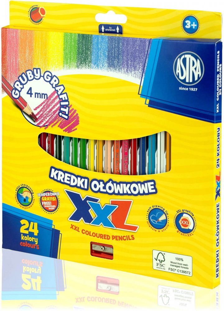 Kredki ołówkowe Astra, heksagonalne, gruby grafit, 24 kolory + temperówka