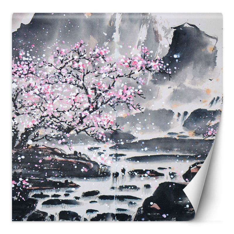 Fototapeta Feeby Kwitnące drzewo wiśni na tle gór 150x150 1 szt