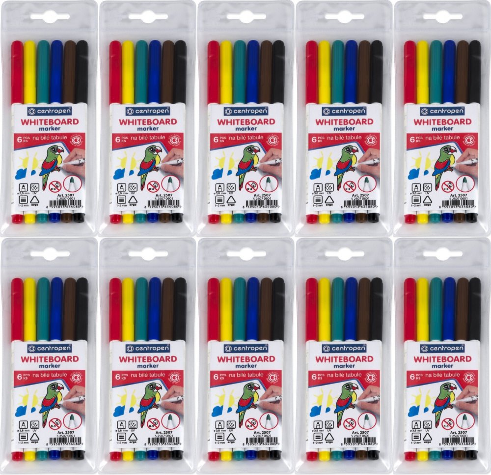 10x Marker suchościeralny Centropen 2507, okrągła, 1-2mm, 6 sztuk, mix kolorów
