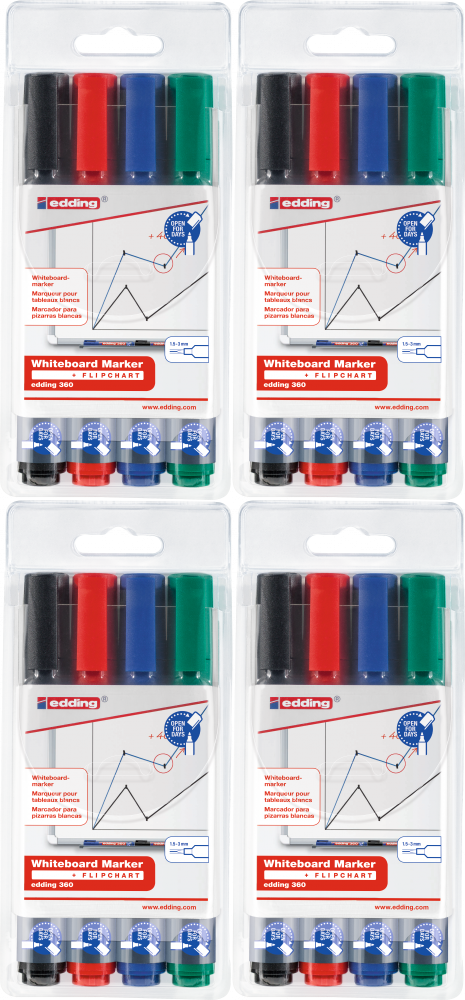 4x Marker suchościeralny edding 360, okrągła, 1.5-3mm, 4 sztuki, mix kolorów