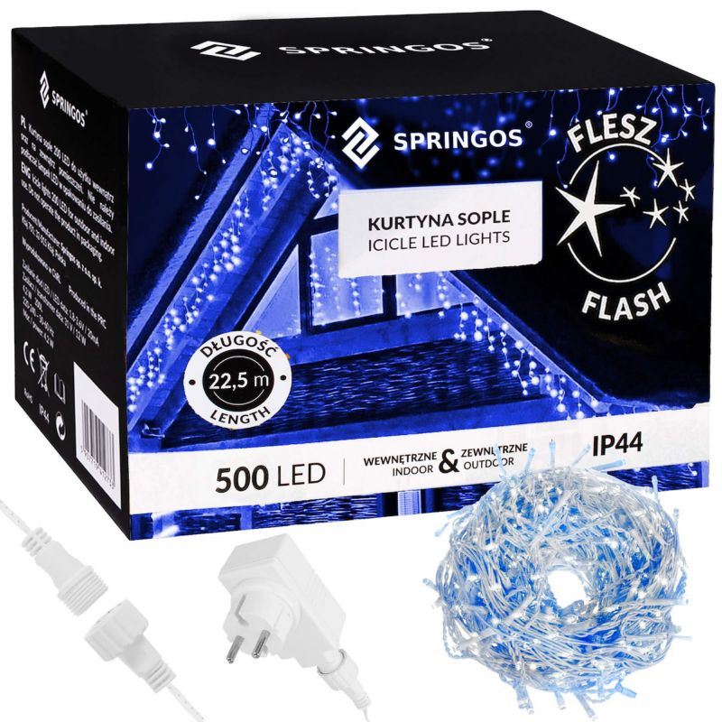 Kurtyna świetlna 500 led Springos girlanda lampki wewnętrzno-zewnętrzne sople niebieski z zimnym białym flash 1 szt.