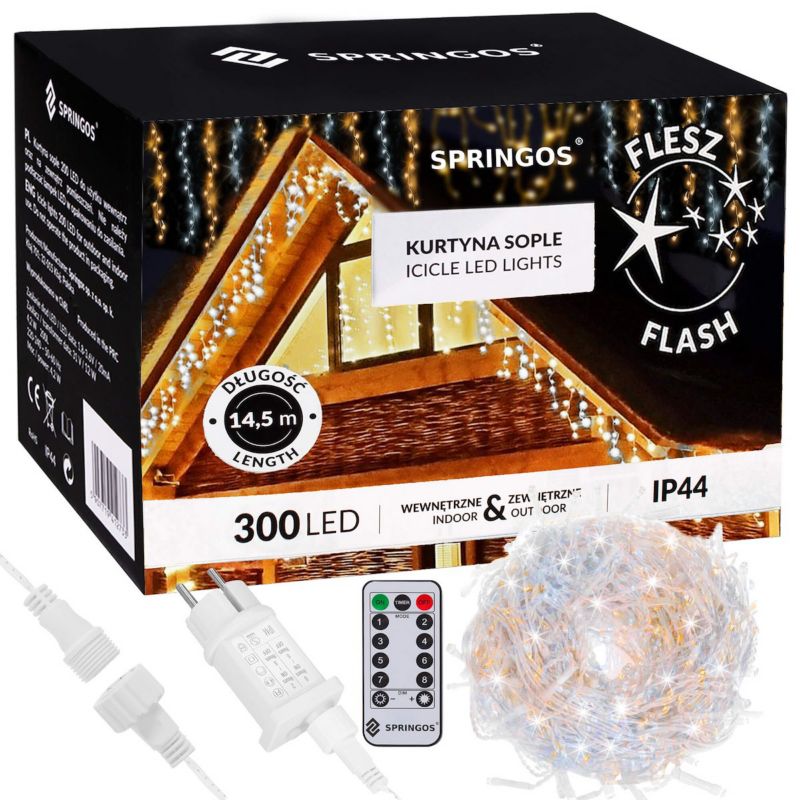 Kurtyna świetlna 300 led girlanda Springos, lampki wewnętrzno-zewnętrzne sople biały ciepły + biały flash 1 szt.