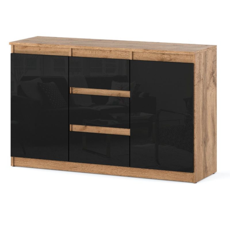 Komoda Hurtownia-Mebli Szuflady 3 Agnes 2D3SZ 120cm Dąb Wotan Czarny Połysk 120x35x75 cm 1szt.