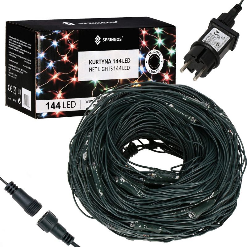 Kurtyna świetlna 144 Led Springos, multikolor, siatka lampki wewnętrzno-zewnętrzne 1 szt.