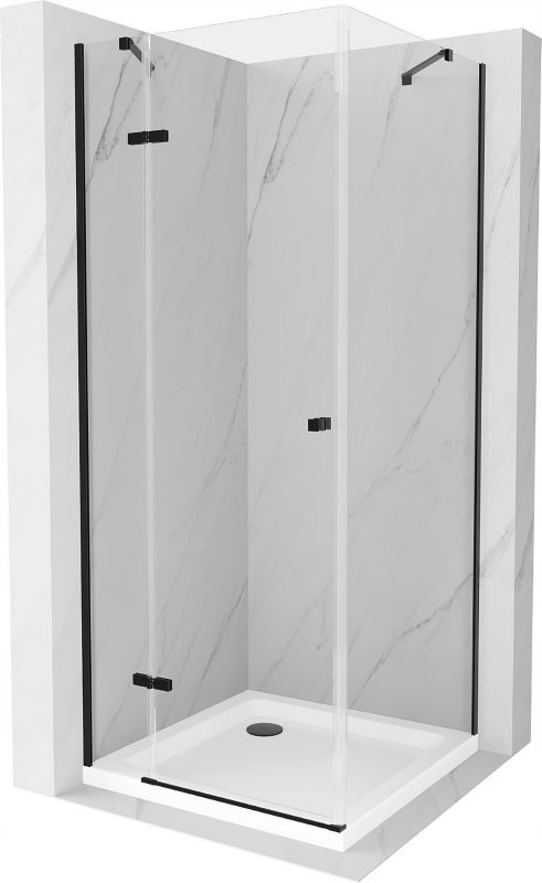 Kabina prysznicowa Mexen Roma uchylna 100 x 100 cm transparent czarna + brodzik Flat biały
