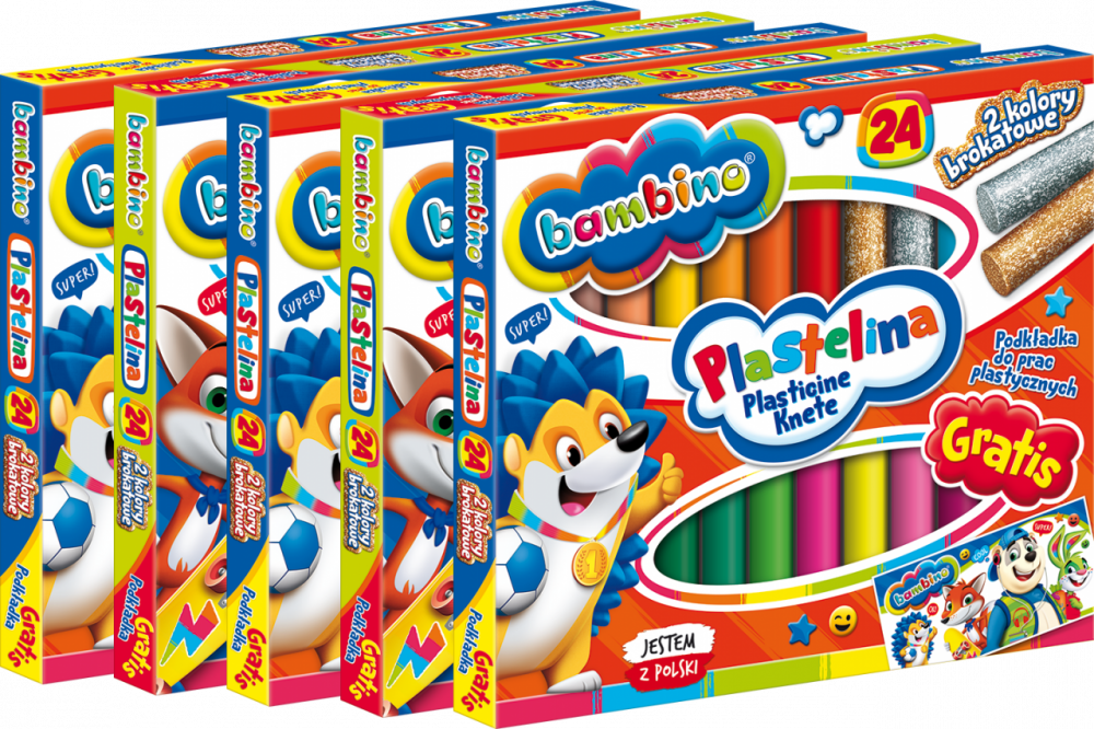 5x Plastelina Bambino Zwierzaki Uczniaki, 360g, 24 kolory + podkładka