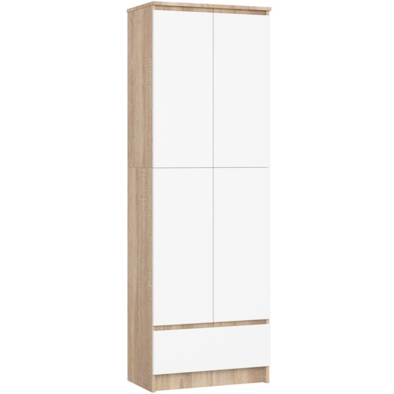 Regał Akord R60 Dąb Sonoma 60 cm 2 drzwi 1 szuflada kolor Biały mat 4 półki 60x35x180 cm 1 szt.