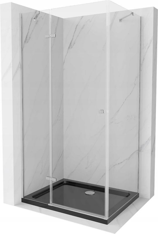 Kabina prysznicowa Mexen Roma uchylna 90 x 100 cm transparent chrom + brodzik Flat czarny