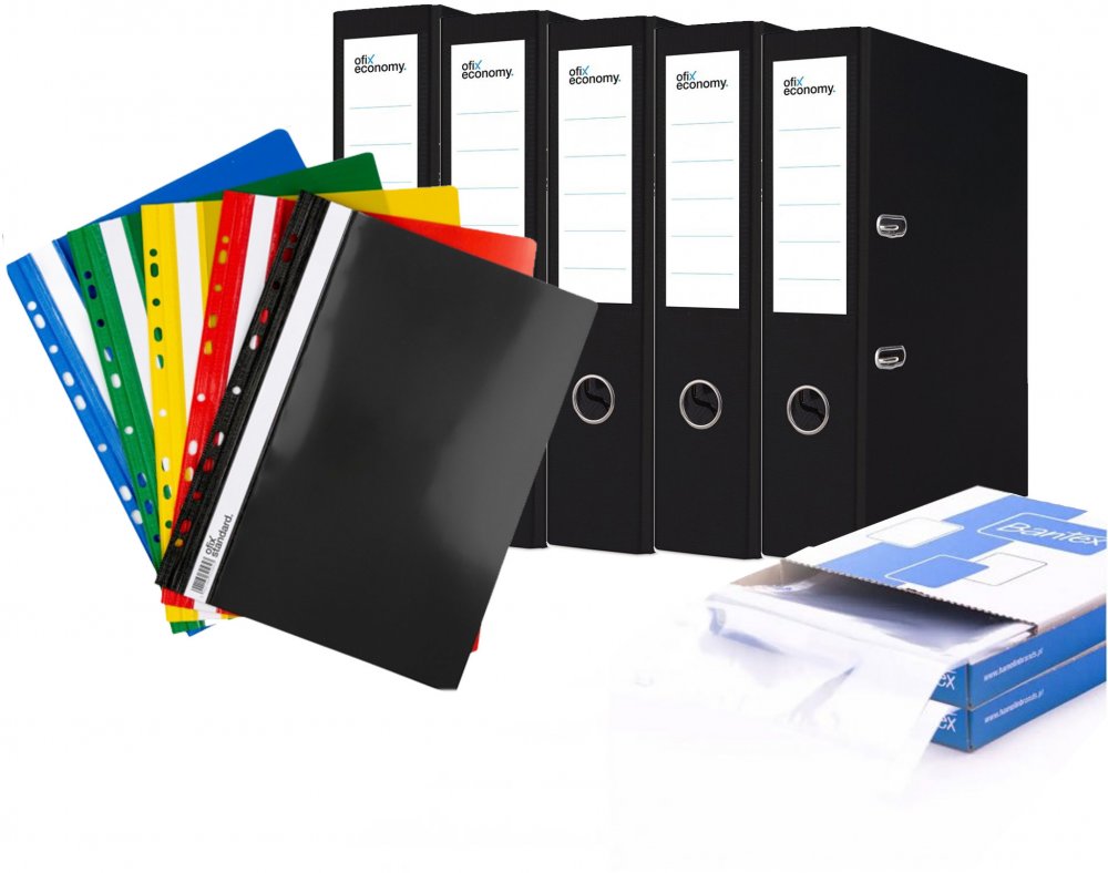 5x Segregator Ofix Economy 75 mm, czarny + 2x Koszulki krystaliczne Bantex, kartonik, 100 sztuk + 25x Skoroszyt plastikowy oczkowy Ofix, mix kolorów