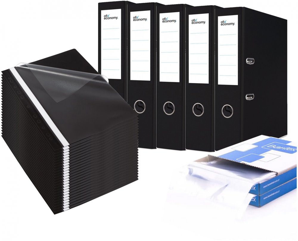 Zestaw: 5x Segregator A4 Ofix Economy 75 mm, czarny + 2x Koszylki krystaliczne Bantex, kartonik, 100 sztuk + 20x Skoroszyt plastikowy oczkowy Ofix, 