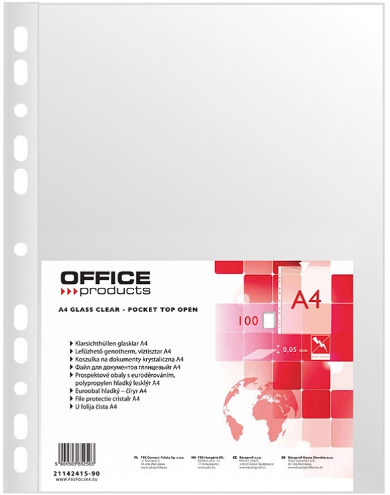 Koszulki krystaliczne Office Products, A4, 50 μm, 100 sztuk, transparentny